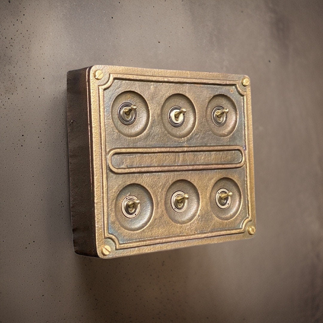 6 Gang 2 Way Bronze Solid Cast Metal Conduit Light Switch Industrial - BS EN Approved Vintage Crabtree Style