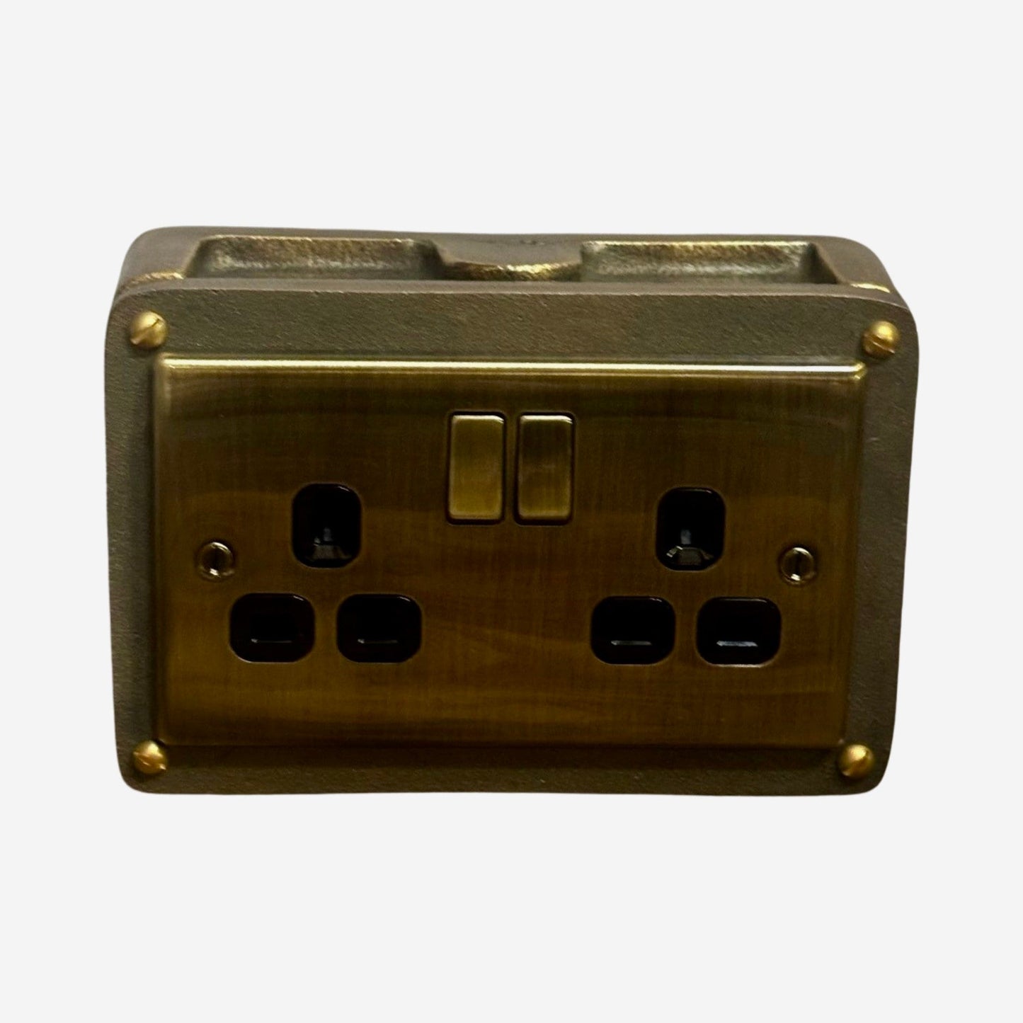 Antique Brass Double Switched 13A Power Socket 230V 13A 2 Gang 2G Solid Cast Metal Conduit Switch Industrial - BS EN Approved