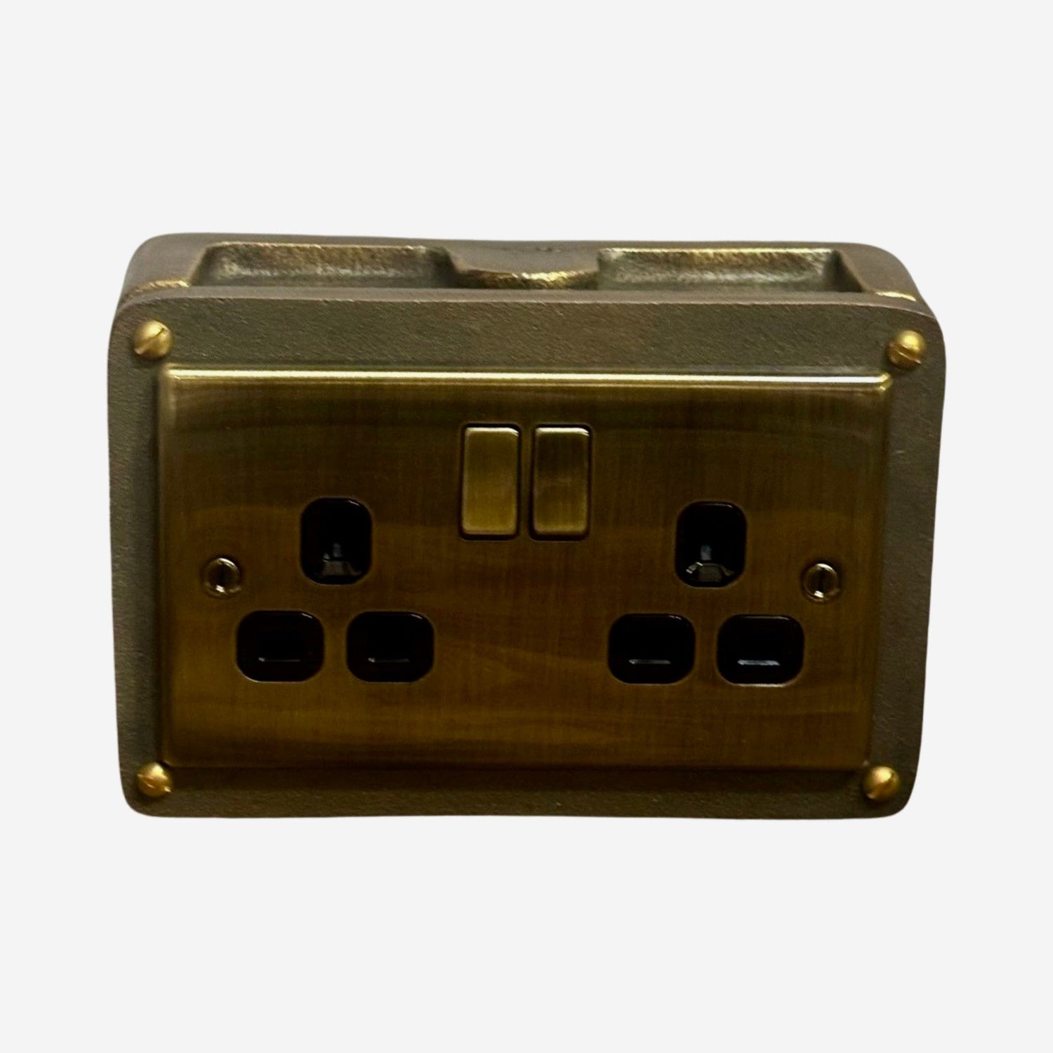 Antique Brass Double Switched 13A Power Socket 230V 13A 2 Gang 2G Solid Cast Metal Conduit Switch Industrial - BS EN Approved