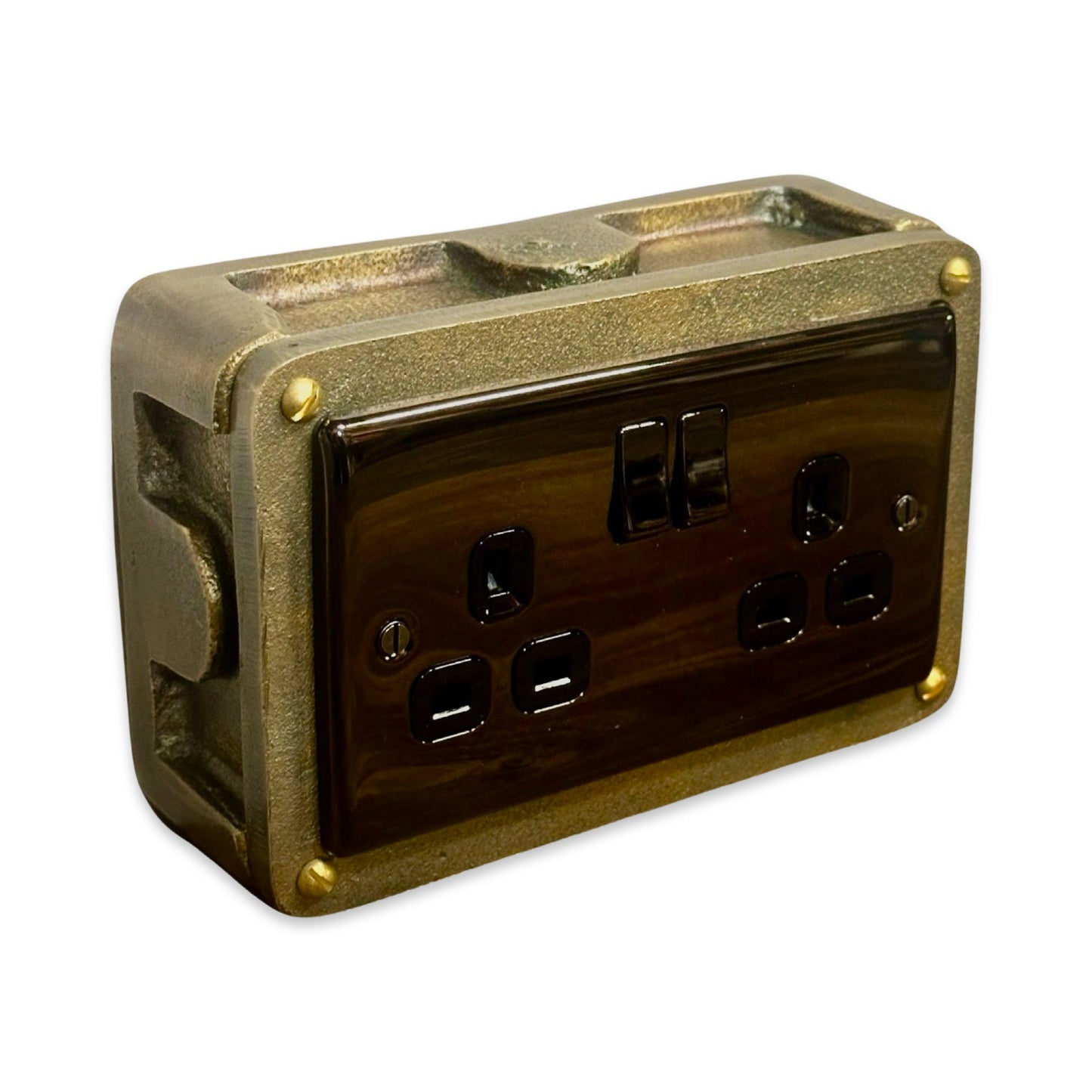 Black Nickel Double Switched 13A Power Socket 230V 13A 2 Gang 2G Solid Metal Antique Brass Conduit Switch Industrial - BS EN Approved