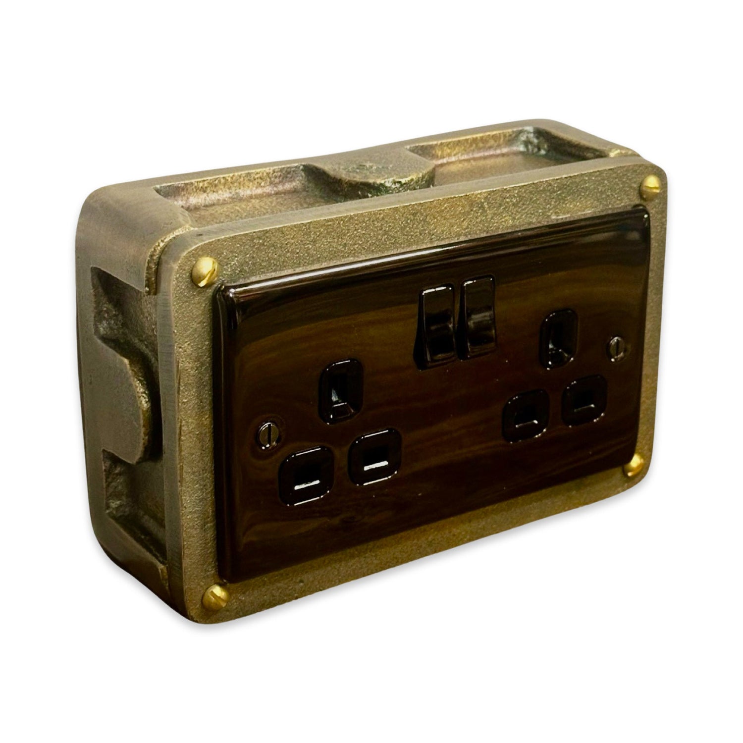 Black Nickel Double Switched 13A Power Socket 230V 13A 2 Gang 2G Solid Metal Antique Brass Conduit Switch Industrial - BS EN Approved