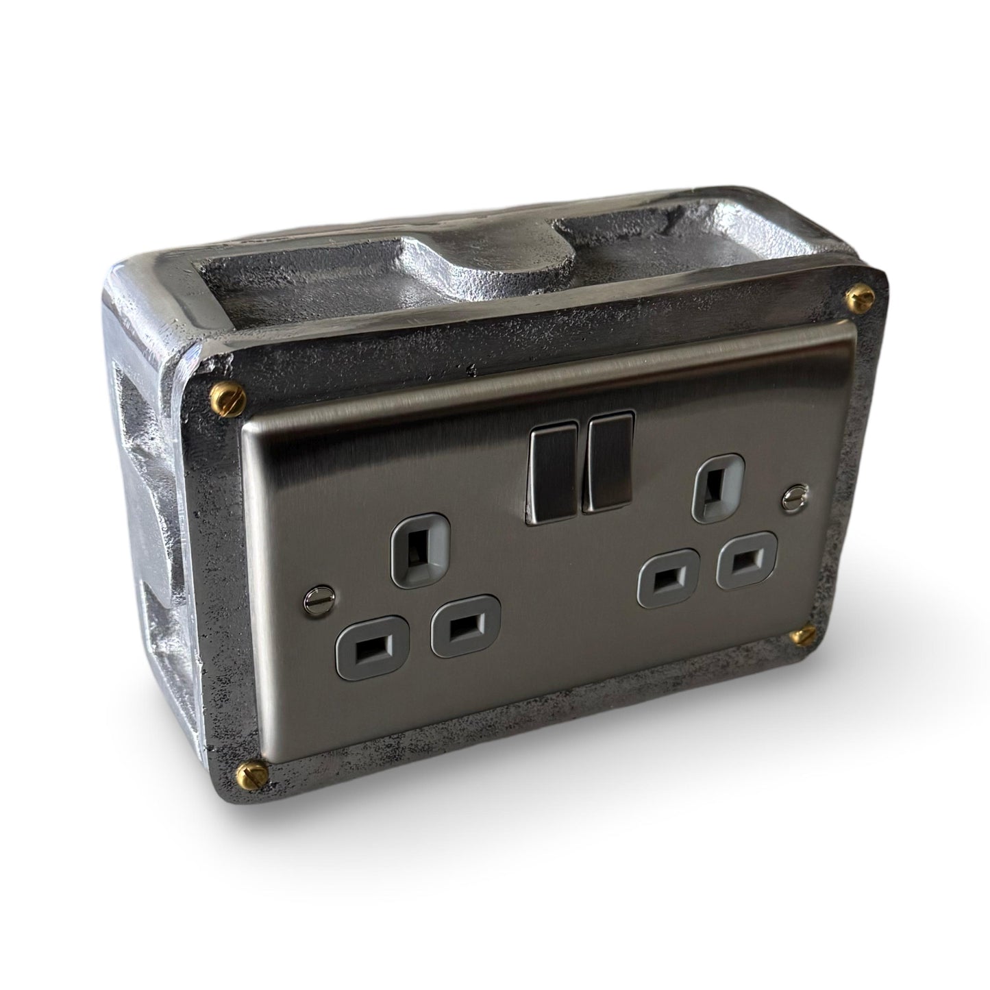 Brushed Steel Double Switched 13A Power Socket Grey Insert 230V 2 Gang 2G Socket Cast Metal Conduit Switch Industrial - BS EN Approved