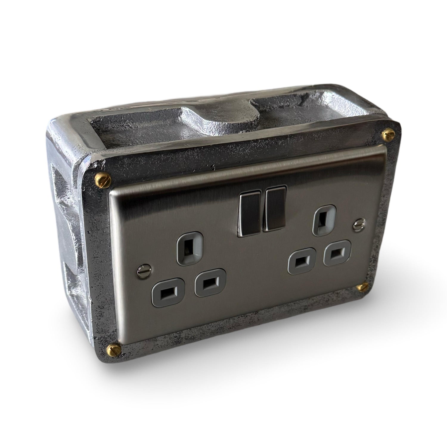 Brushed Steel Double Switched 13A Power Socket Grey Insert 230V 2 Gang 2G Socket Cast Metal Conduit Switch Industrial - BS EN Approved