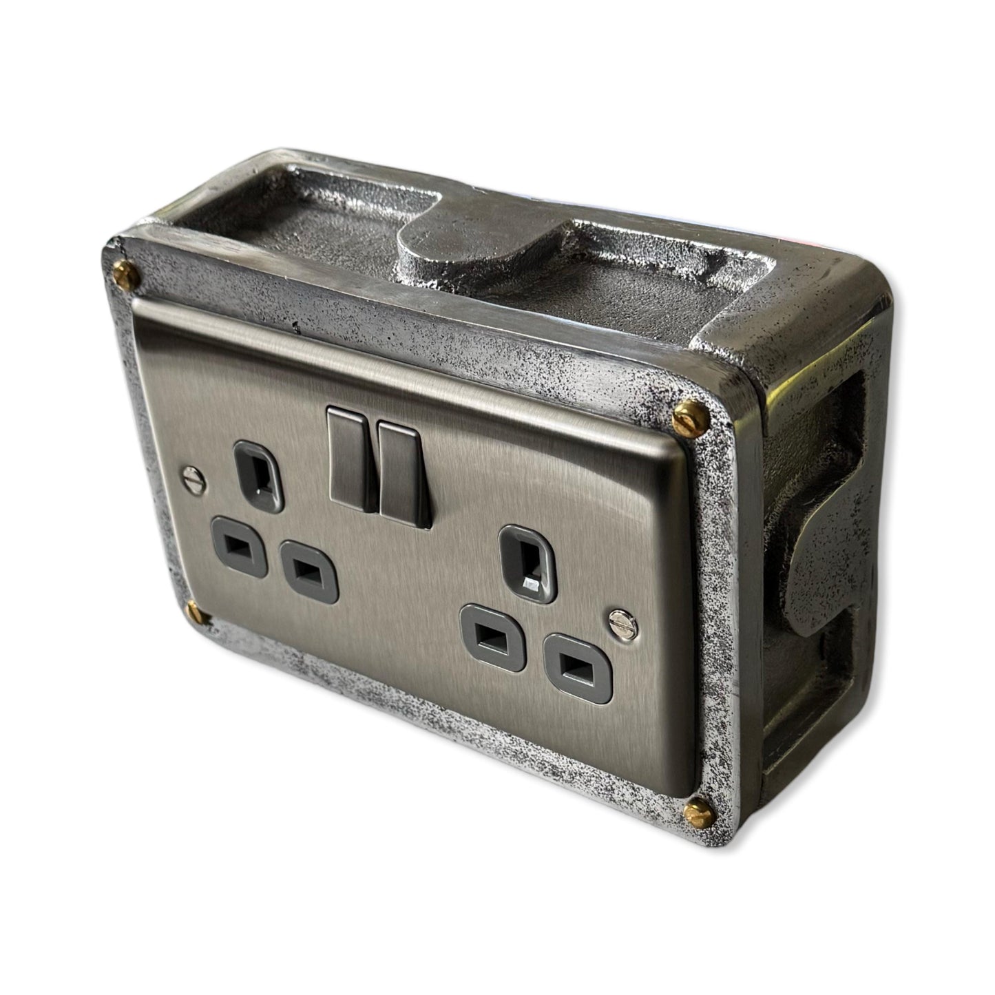 Brushed Steel Double Switched 13A Power Socket Grey Insert 230V 2 Gang 2G Socket Cast Metal Conduit Switch Industrial - BS EN Approved