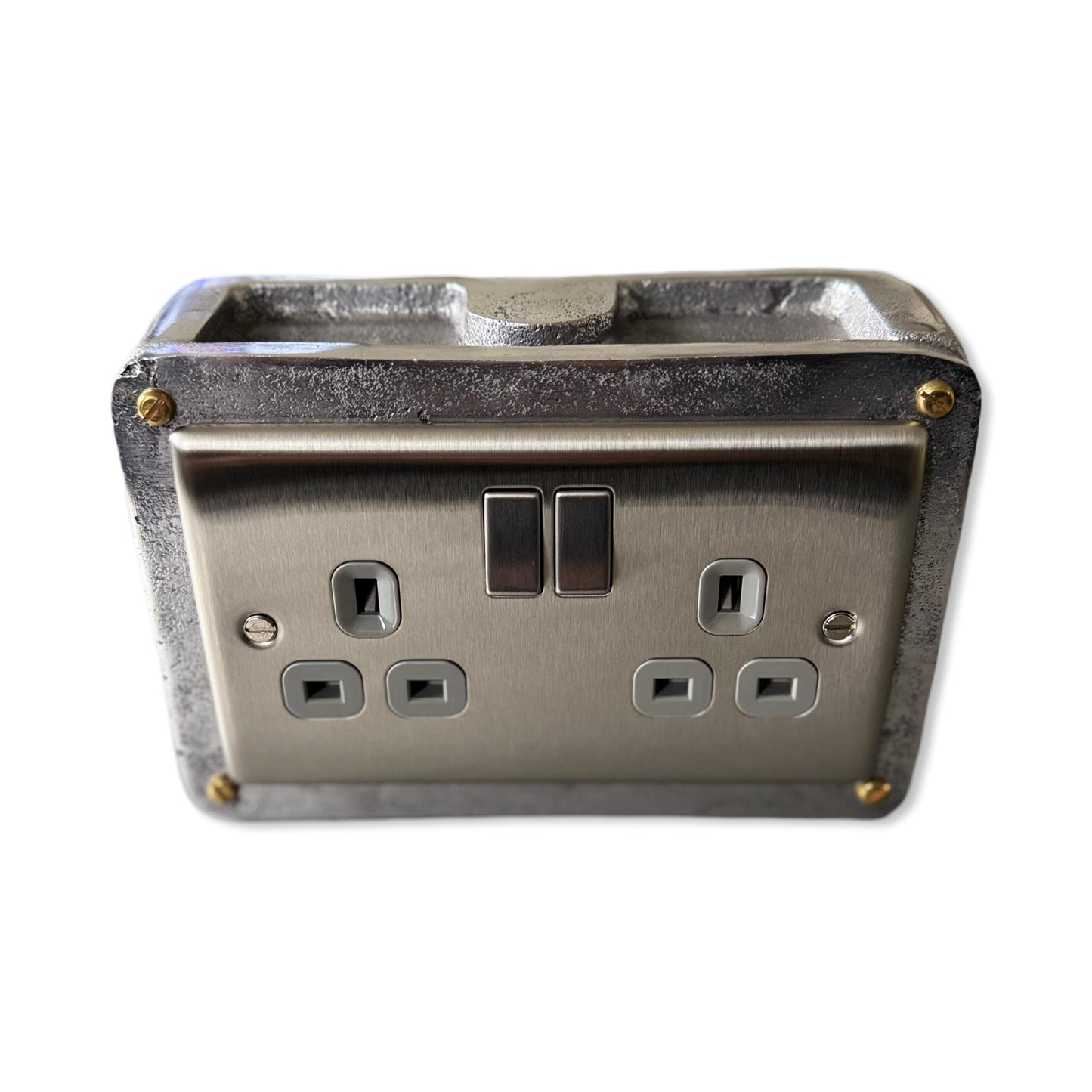 Brushed Steel Double Switched 13A Power Socket Grey Insert 230V 2 Gang 2G Socket Cast Metal Conduit Switch Industrial - BS EN Approved