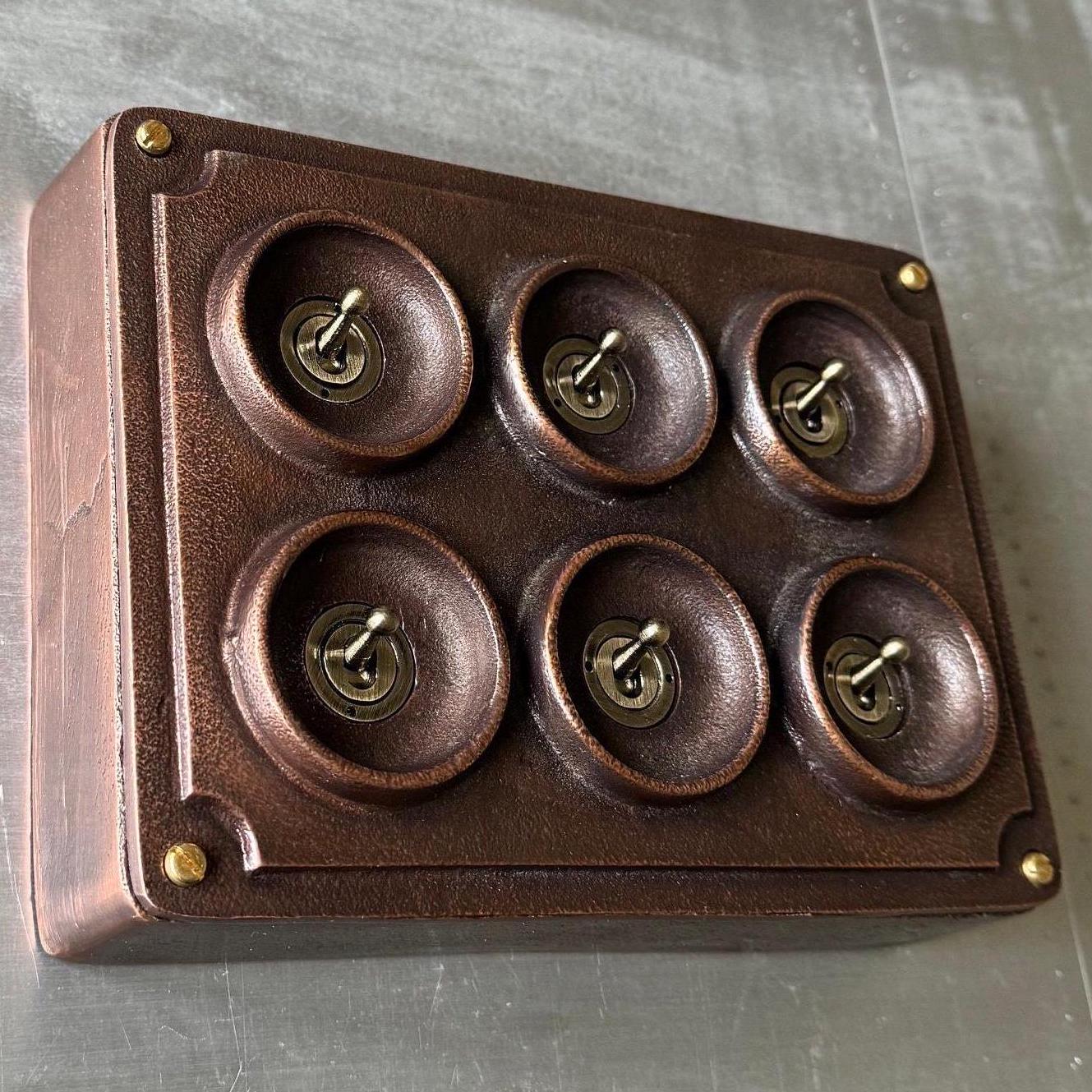 6 Gang 2 Way Antique Copper Solid Cast Metal Conduit Light Switch Industrial - BS EN Vintage Crabtree 1950’s Style