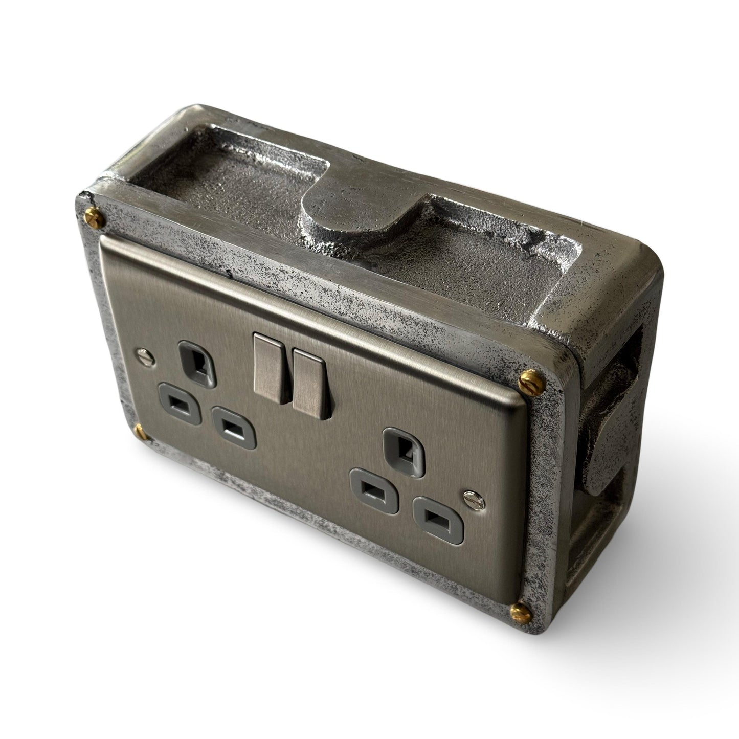 Brushed Steel Double Switched 13A Power Socket Grey Insert 230V 2 Gang 2G Socket Cast Metal Conduit Switch Industrial - BS EN Approved