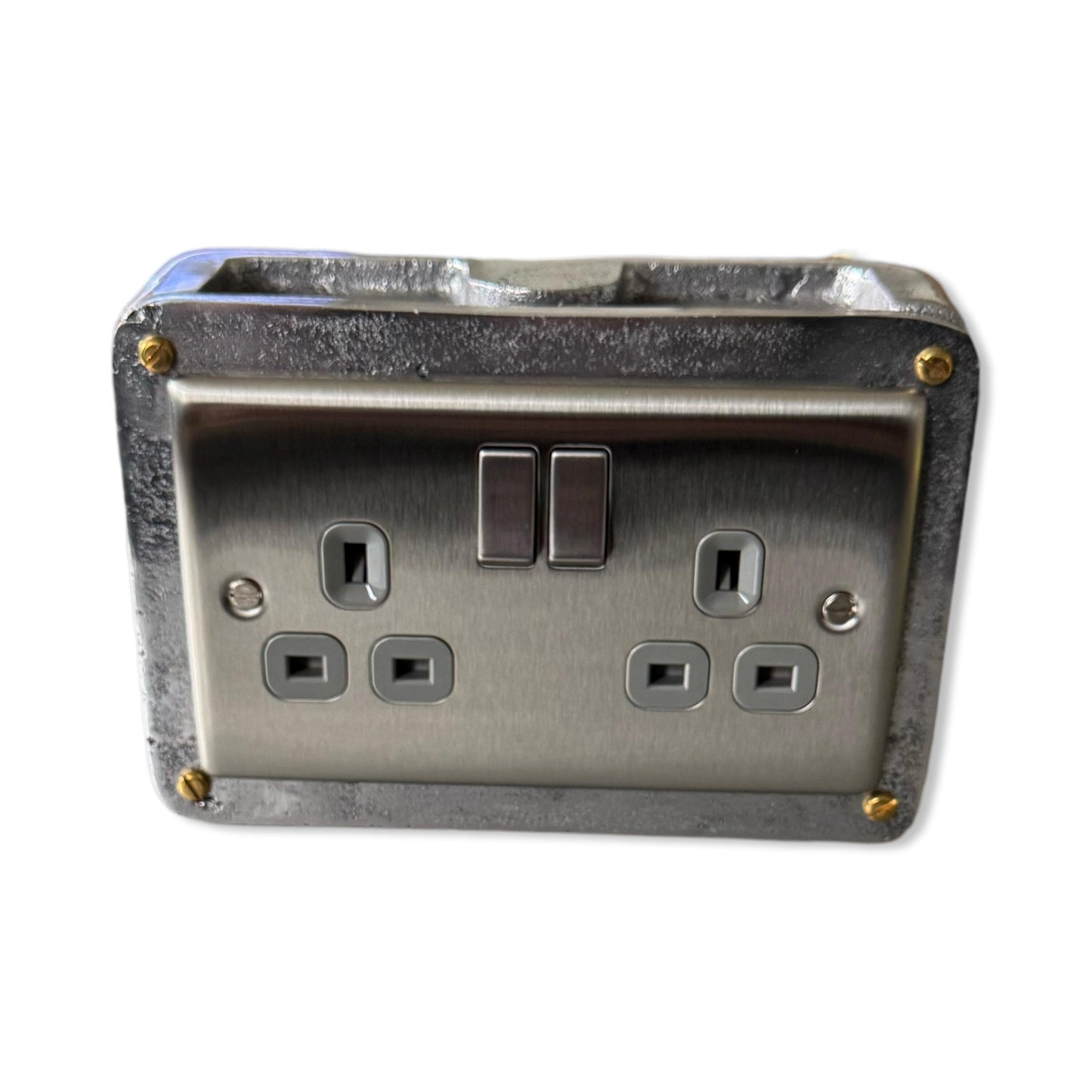 Brushed Steel Double Switched 13A Power Socket Grey Insert 230V 2 Gang 2G Socket Cast Metal Conduit Switch Industrial - BS EN Approved