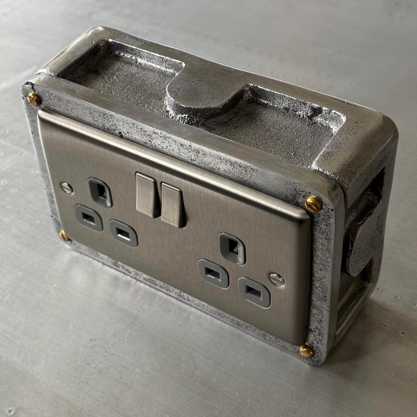 Brushed Steel Double Switched 13A Power Socket Grey Insert 230V 2 Gang 2G Socket Cast Metal Conduit Switch Industrial - BS EN Approved