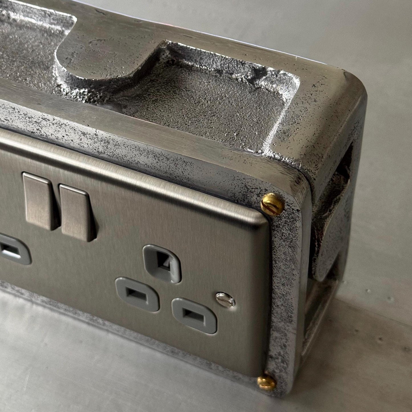 Brushed Steel Double Switched 13A Power Socket Grey Insert 230V 2 Gang 2G Socket Cast Metal Conduit Switch Industrial - BS EN Approved