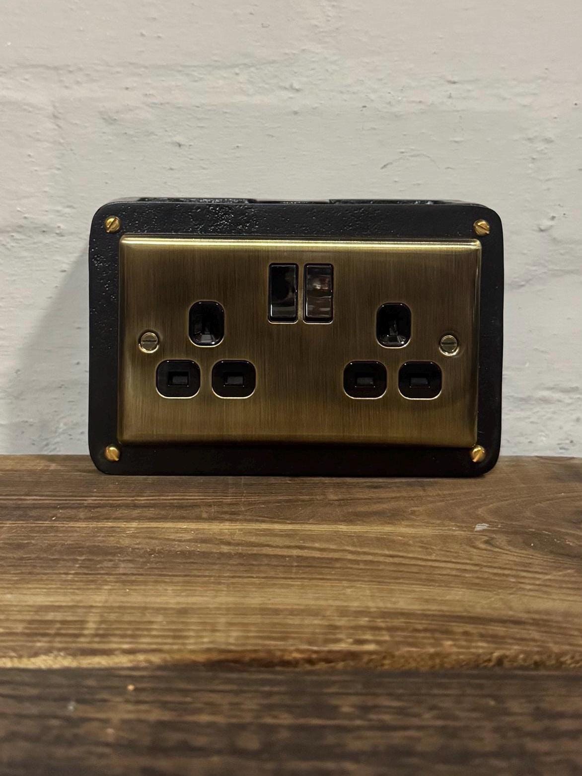 Black Double Switched Antique Brass 13A Power Socket 230V 13A 2 Gang 2G Solid Cast Metal Conduit Switch Industrial - BS EN Approved