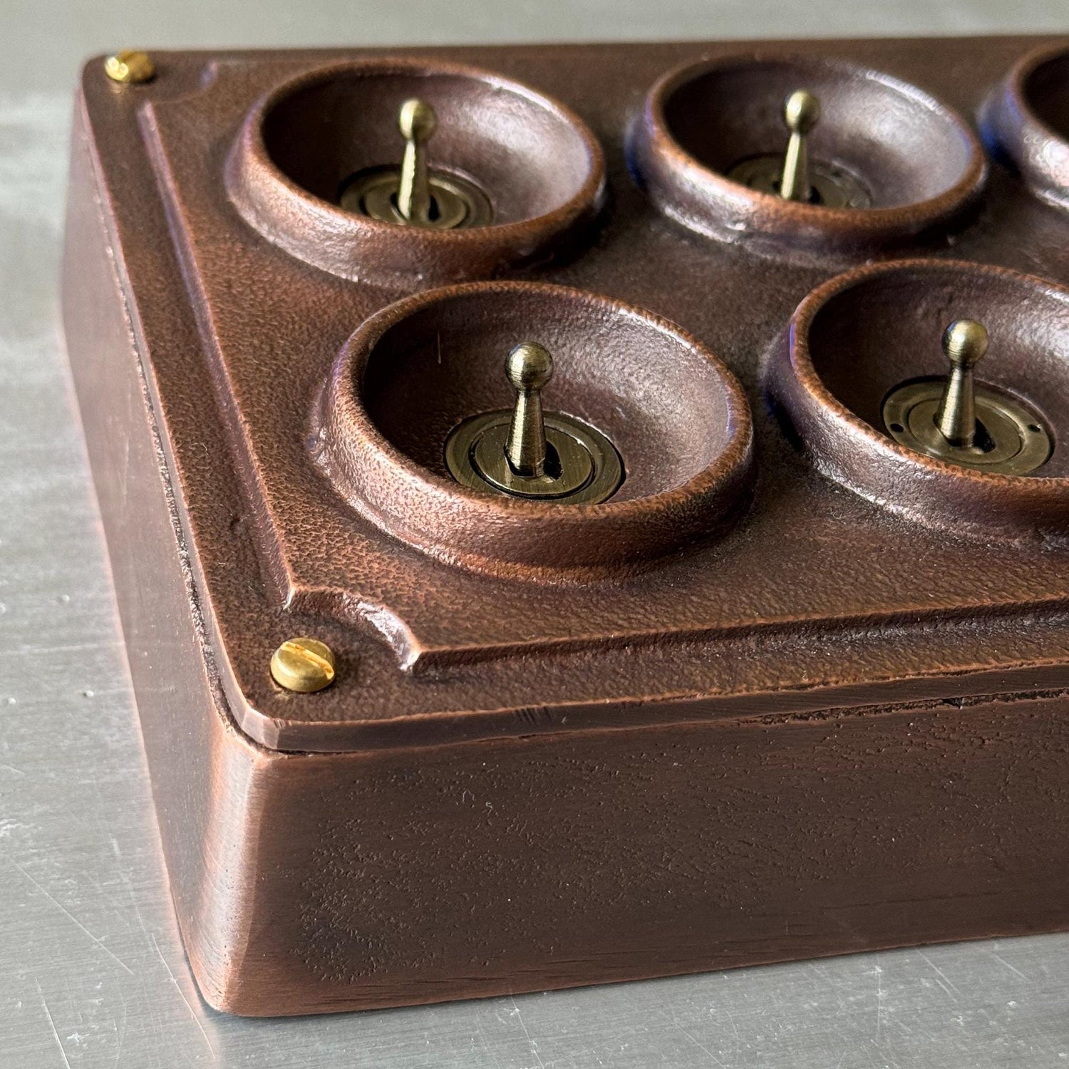 6 Gang 2 Way Antique Copper Solid Cast Metal Conduit Light Switch Industrial - BS EN Vintage Crabtree 1950’s Style