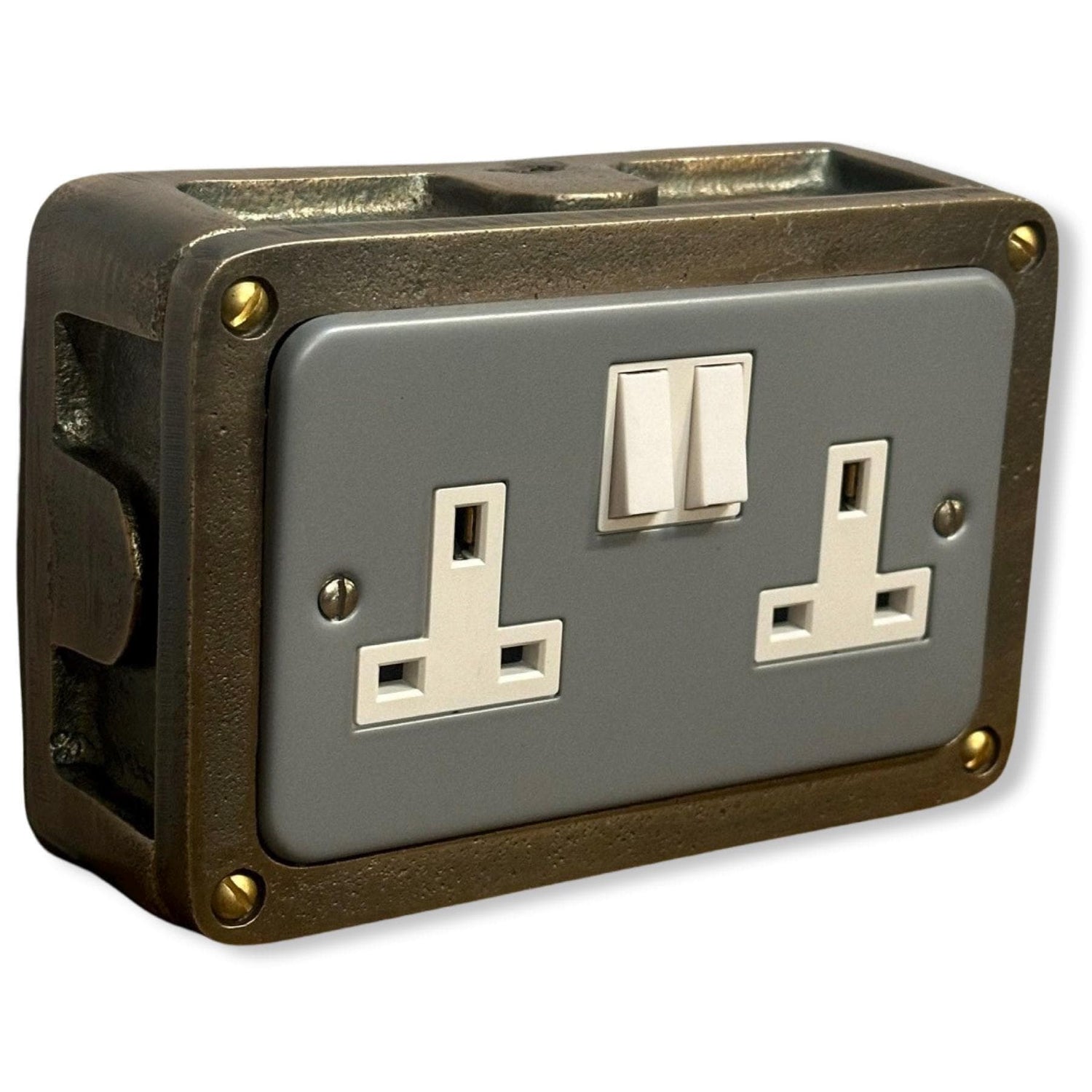 Grey Metal Clad Double Switched 13A Power Socket 230V 2 Gang 2G Socket Antique Brass Conduit Switch Industrial