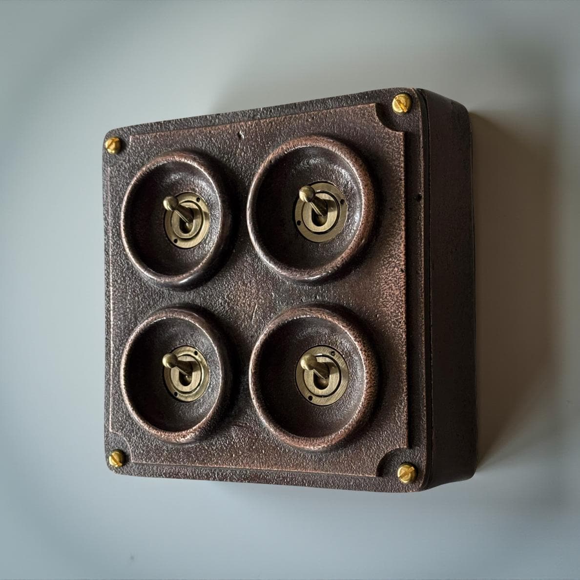 4 Gang 2 Way Solid Antique Copper Metal Surface Mounting Conduit Light Switch Crabtree Industrial - BS EN Approved