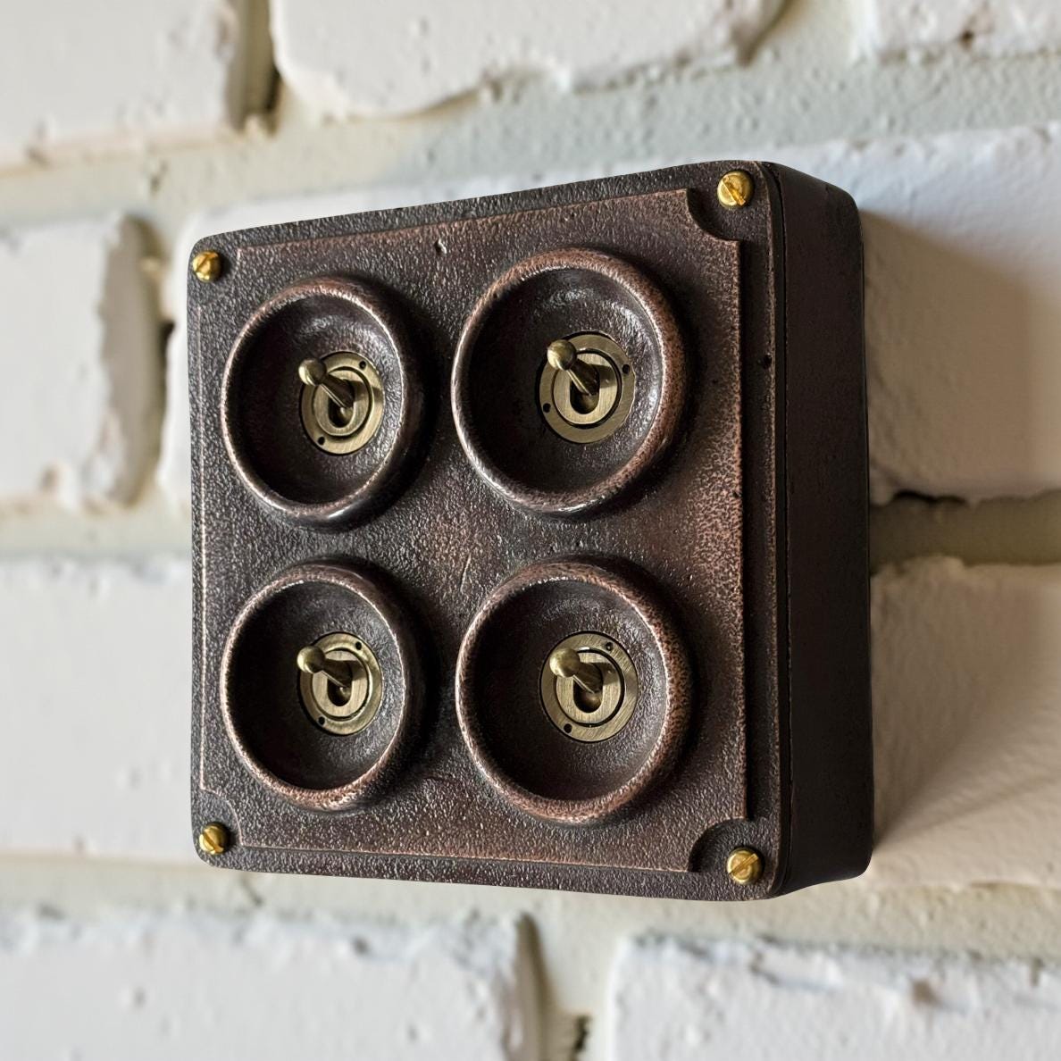 4 Gang 2 Way Solid Antique Copper Metal Surface Mounting Conduit Light Switch Crabtree Industrial - BS EN Approved