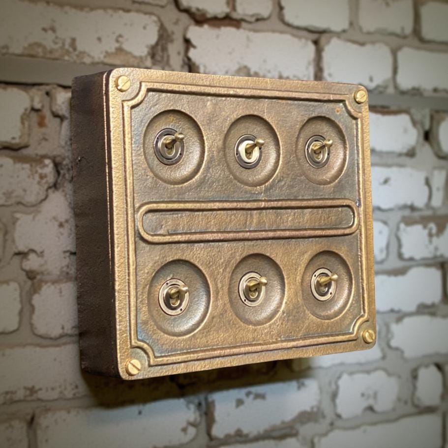 6 Gang 2 Way Bronze Solid Cast Metal Conduit Light Switch Industrial - BS EN Approved Vintage Crabtree Style