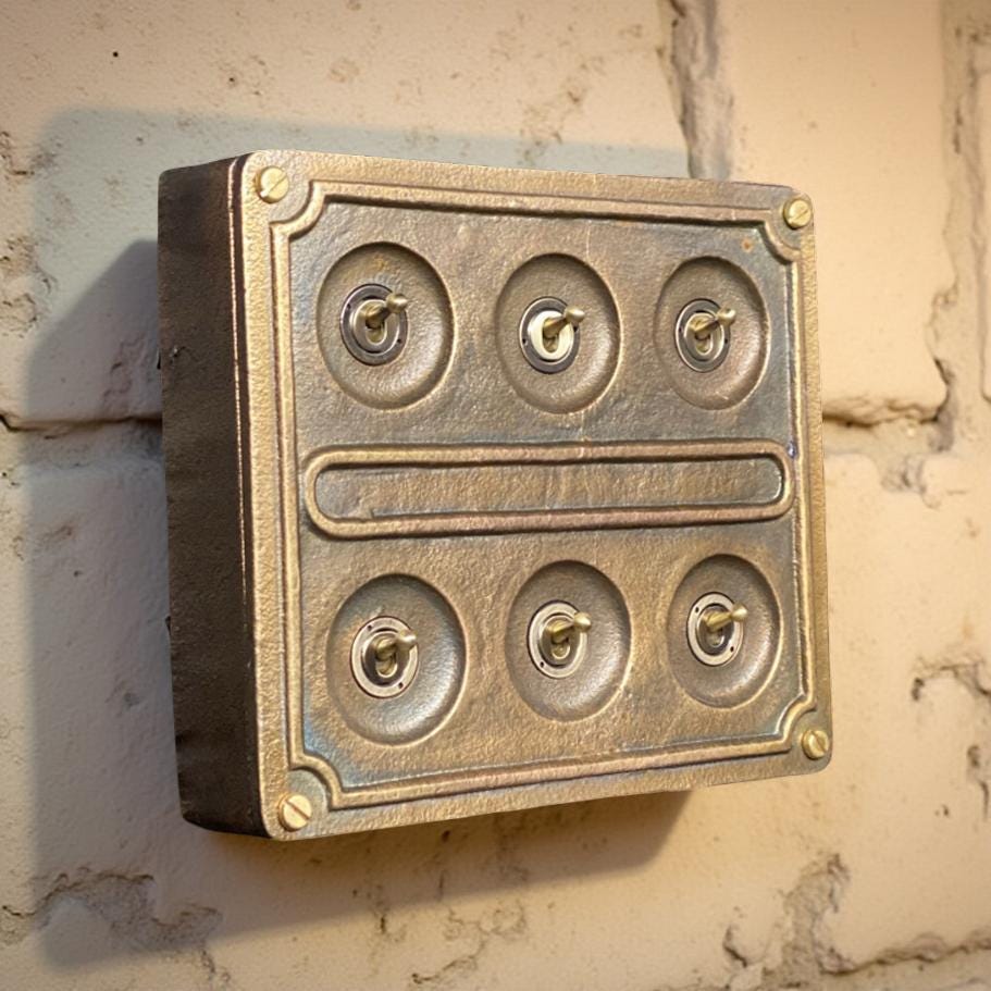 6 Gang 2 Way Bronze Solid Cast Metal Conduit Light Switch Industrial - BS EN Approved Vintage Crabtree Style