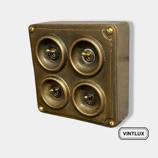 4 Gang 2 Way Solid Antique Brass Bronze Metal Light Switch Industrial - BS EN Approved Vintage Crabtree 1950’s Style