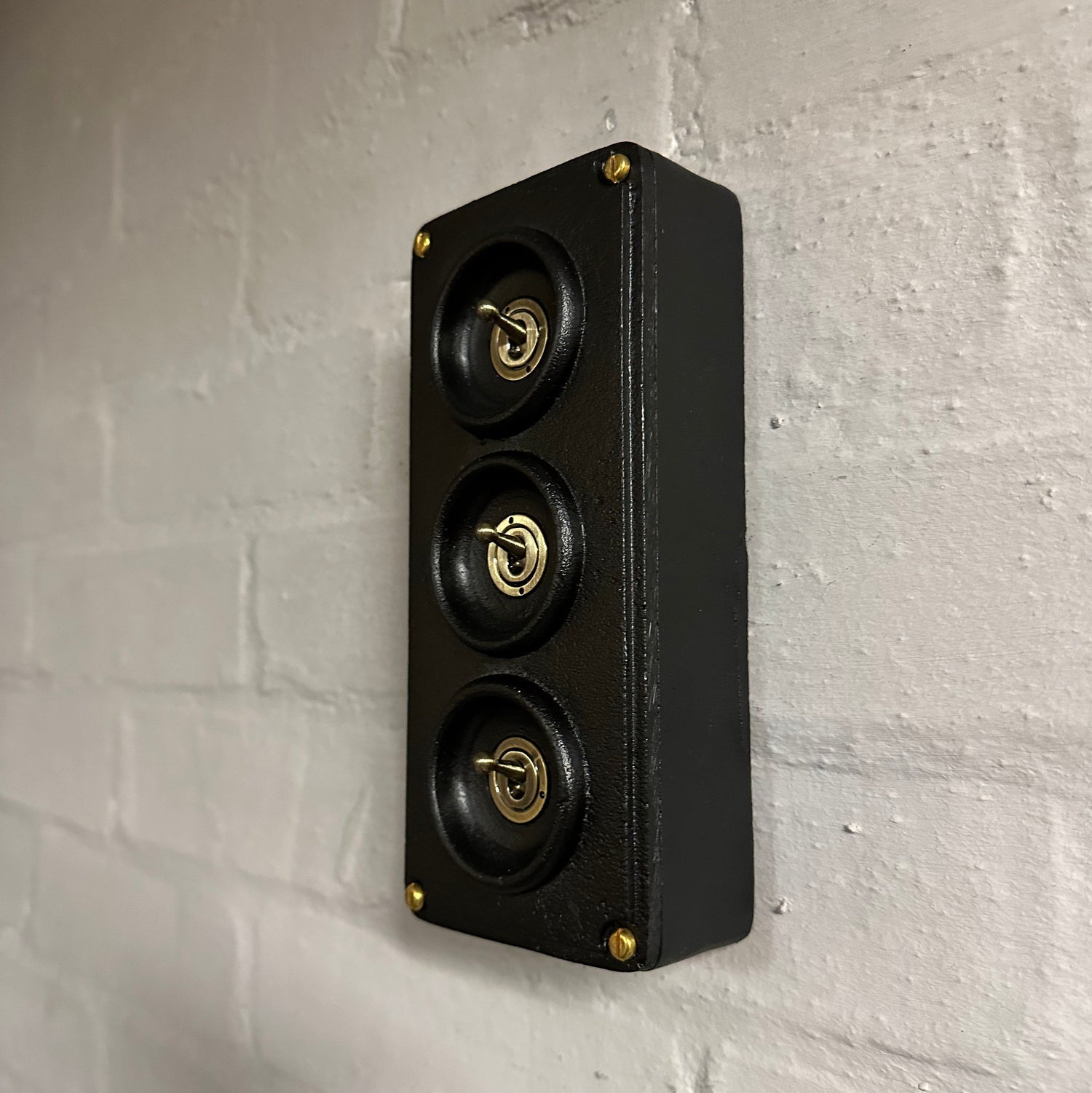 3 Gang 2 Way Black Zinc Solid Cast Metal Surface Mounting Conduit Light Switch Industrial 2 Way - BS EN Approved Vintage Crabtree 1950’s Sty