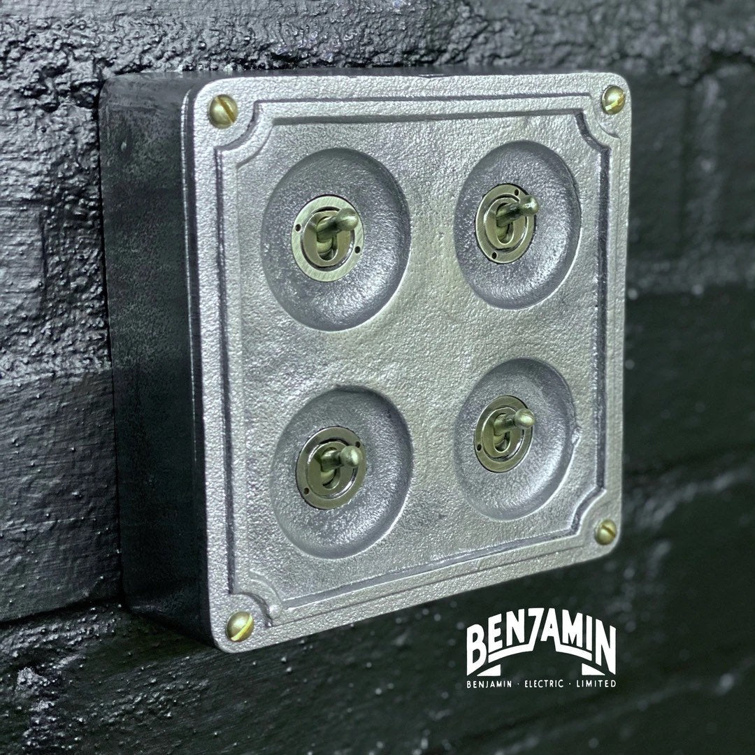 4 Gang 2 Way Solid Cast Metal Conduit Light Switch Industrial - BS EN Approved Vintage Crabtree 1950’s Style