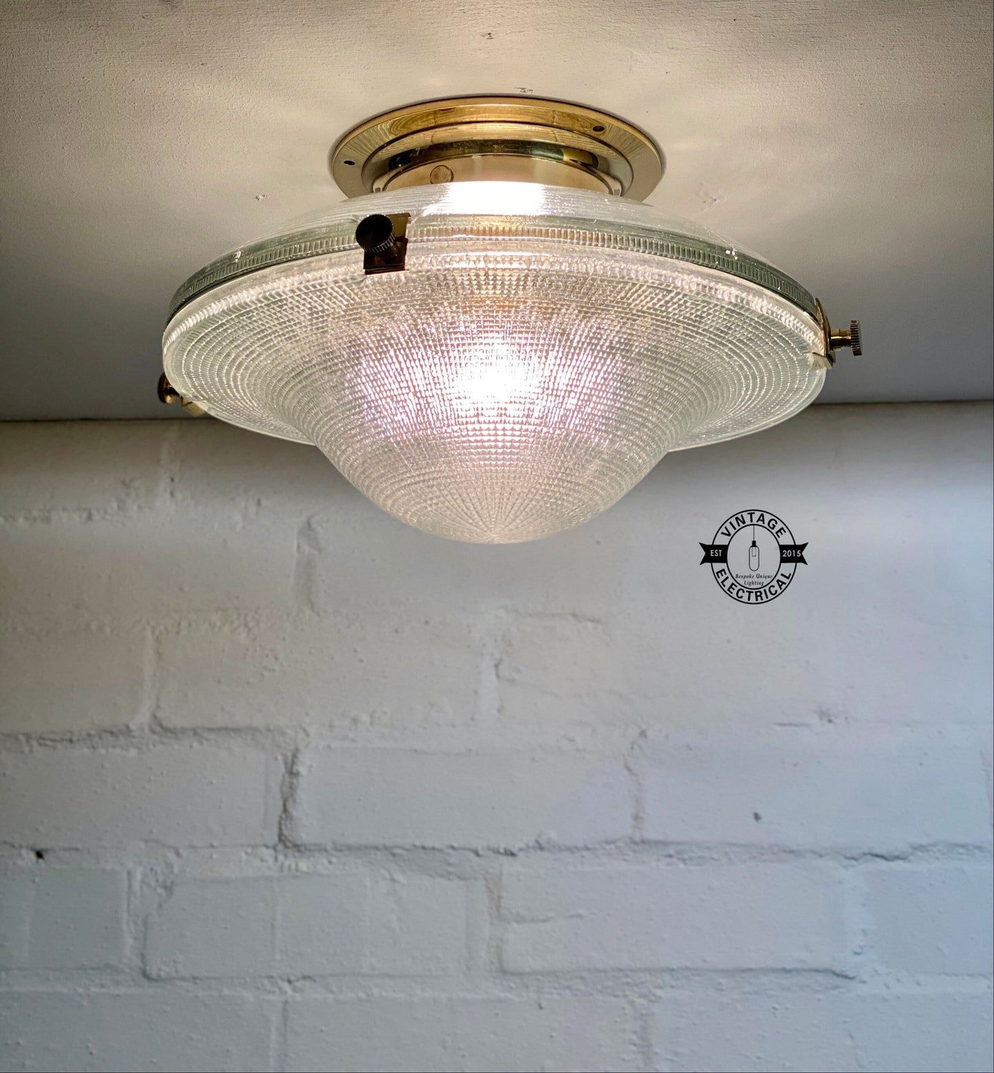 Houghton ~ Flush Mount Holophane Glass Light Vintage Design ~