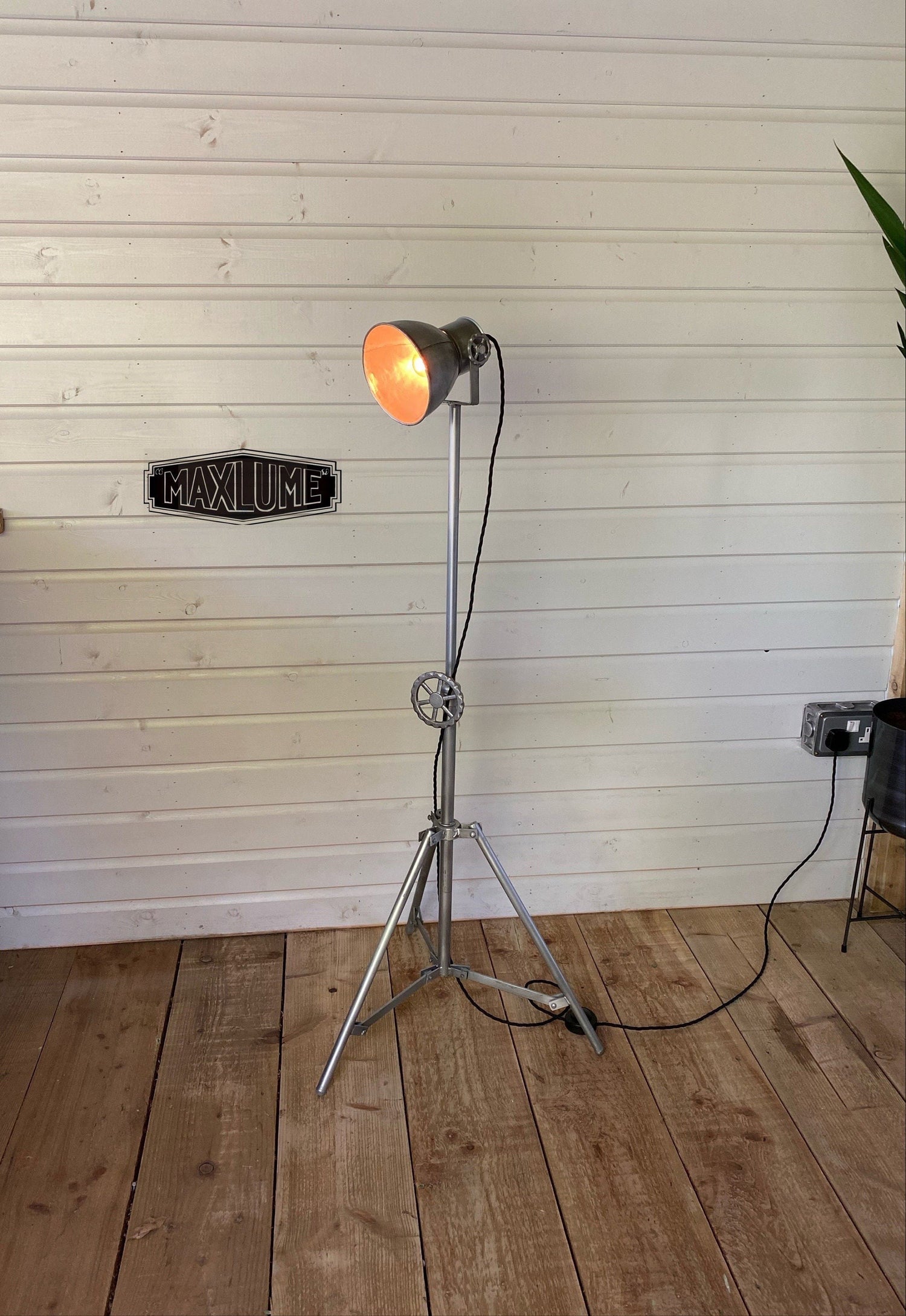 Watton ~ Industrial Tripod Floor Lamp Theatre Spot Light Living Room Vintage