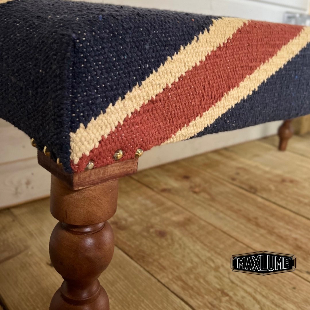 Union Jack Flag Bench Ottoman | Great Britain | Pouf Solid Base | Vintage Style | Floor Standing | Man Cave Stool