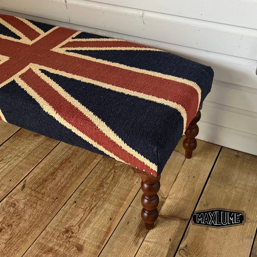 Union Jack Flag Bench Ottoman | Great Britain | Pouf Solid Base | Vintage Style | Floor Standing | Man Cave Stool