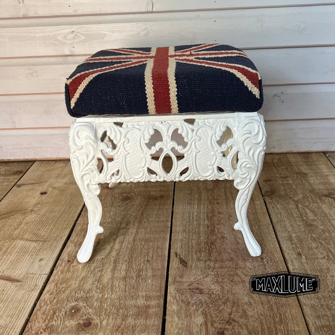 Union Jack Flag Bench | Great Britain | Pouf Solid Base | Vintage Style | Floor Standing | Man Cave Foot Stool