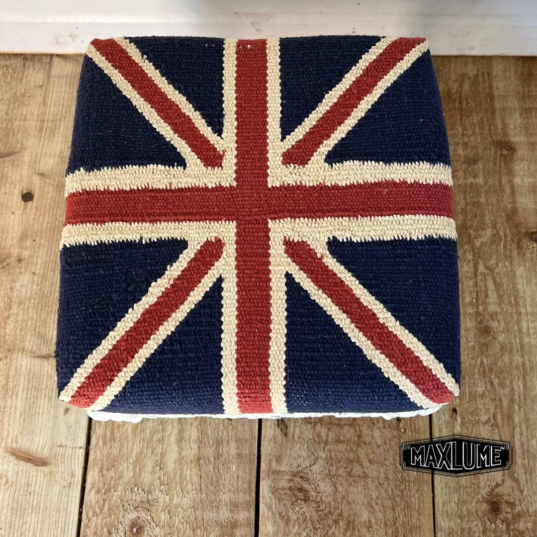 Union Jack Flag Bench | Great Britain | Pouf Solid Base | Vintage Style | Floor Standing | Man Cave Foot Stool