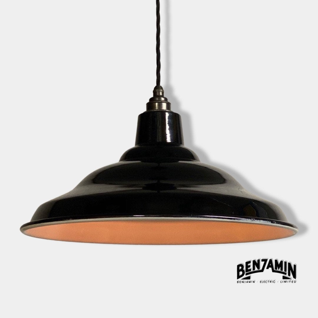 Bawsey ~ *Worn* Jet Black Industrial Factory Shade Light Lamp Pendant ~ 16 Inch