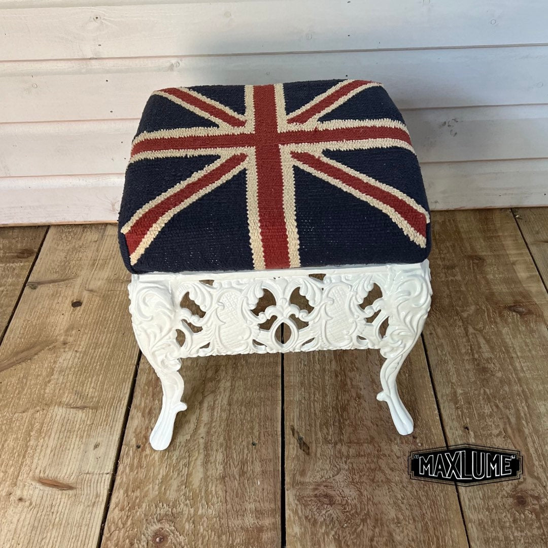 Union Jack Flag Bench | Great Britain | Pouf Solid Base | Vintage Style | Floor Standing | Man Cave Foot Stool