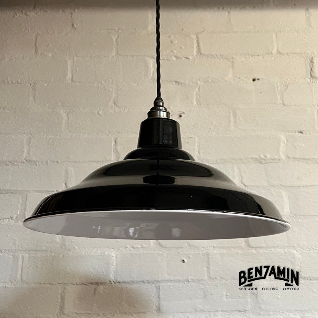 Bawsey ~ *Worn* Jet Black Industrial Factory Shade Light Lamp Pendant ~ 16 Inch