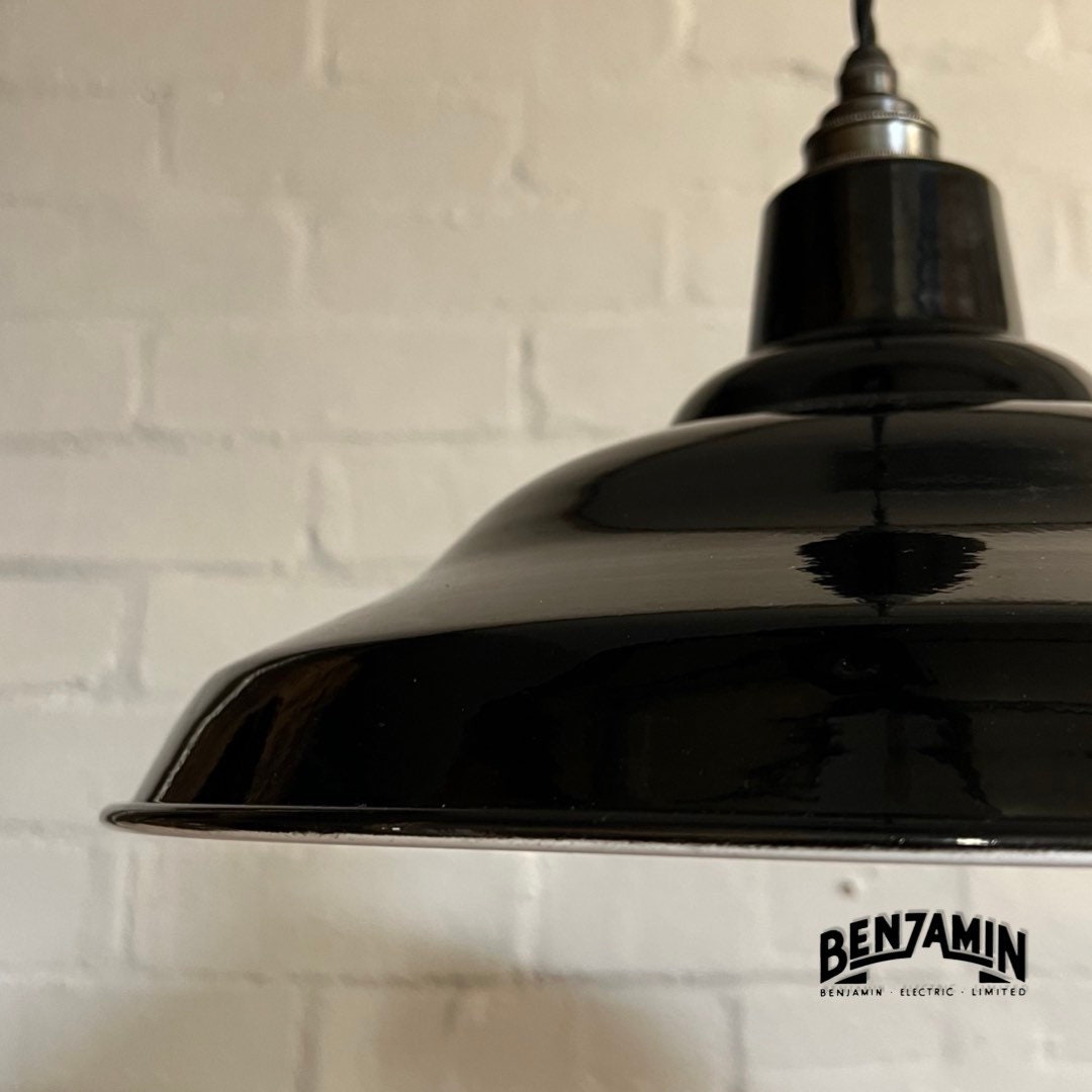 Bawsey ~ *Worn* Jet Black Industrial Factory Shade Light Lamp Pendant ~ 16 Inch
