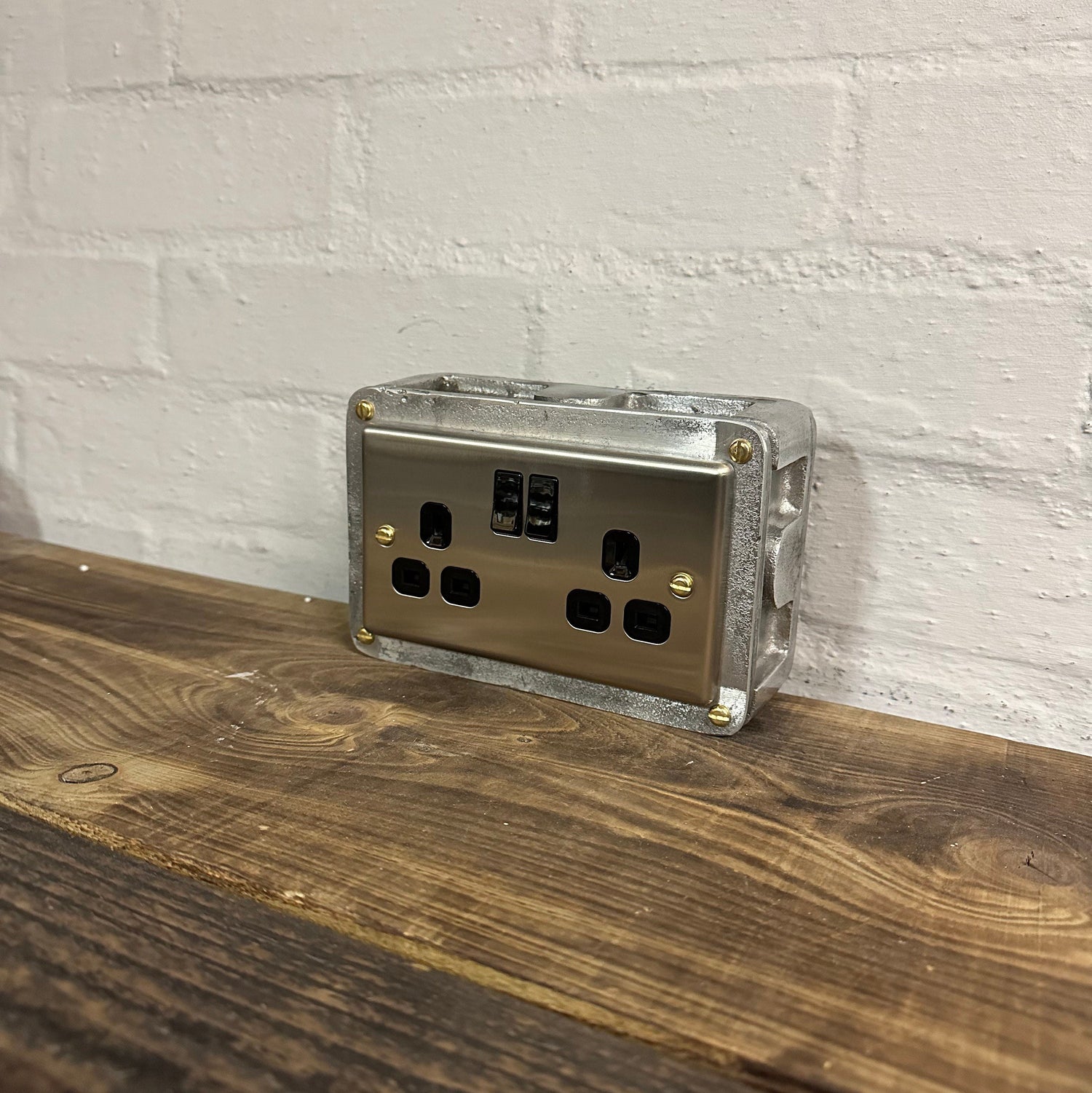 Brushed Steel Double Switched 13A Power Socket 230V 2 Gang 2G Socket Cast Metal Conduit Switch Industrial - BS EN Approved Vintage