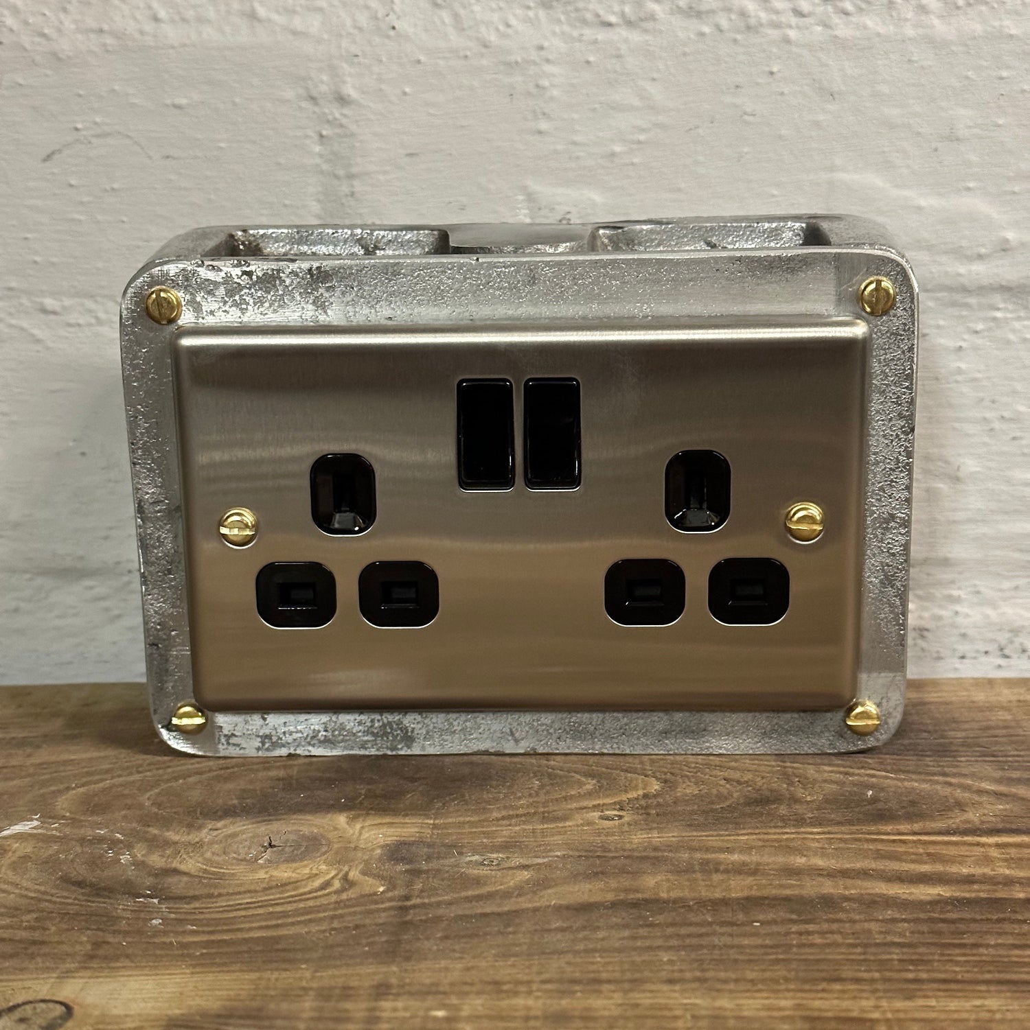 Brushed Steel Double Switched 13A Power Socket 230V 2 Gang 2G Socket Cast Metal Conduit Switch Industrial - BS EN Approved Vintage