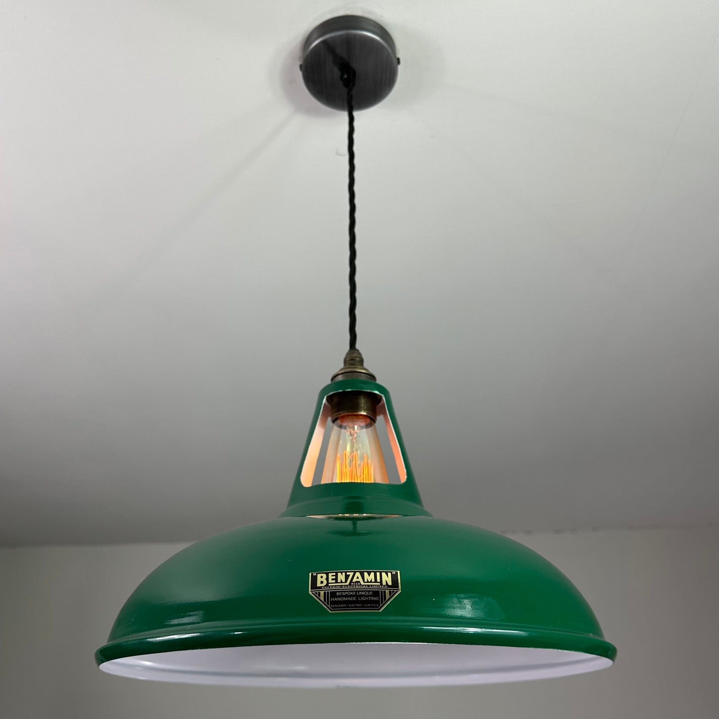Cawston XL - Original Green Slotted Lampshade Pendant Set Light *Worn* - 14 Inch