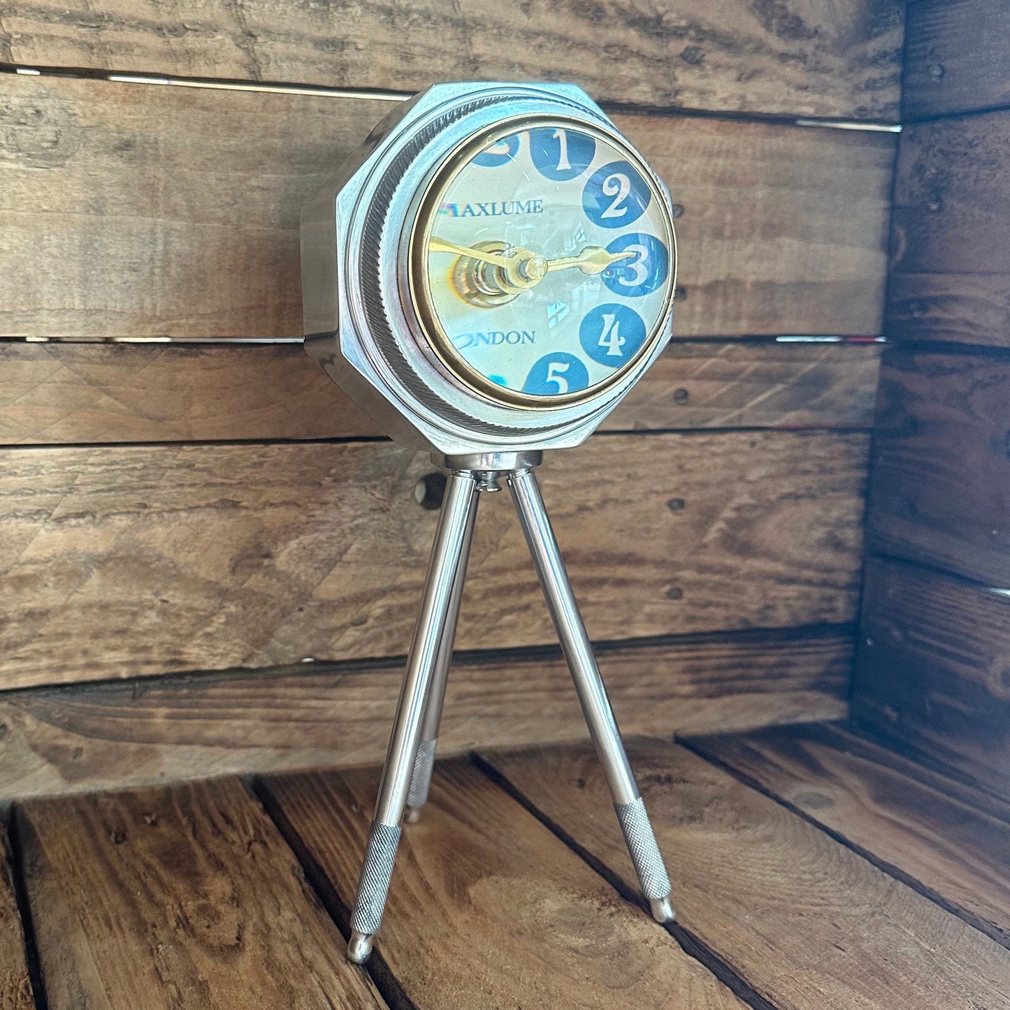 Maxlume ~ London Table Tripod Clock Polished Nickel Solid Brass Ship Nautical Vintage Industrial Decor