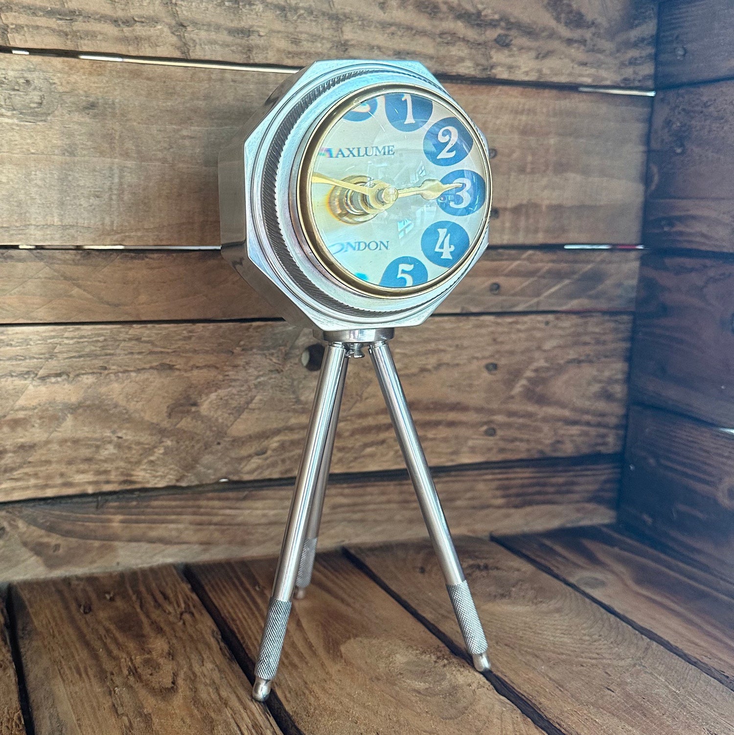 Maxlume ~ London Table Tripod Clock Polished Nickel Solid Brass Ship Nautical Vintage Industrial Decor