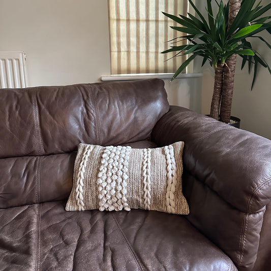 Luxury Beige Boho Cushion 12 x 20 | Woven Wool Cover | Plait Detail | Braided Pillow | Comes Filled by Maxlume