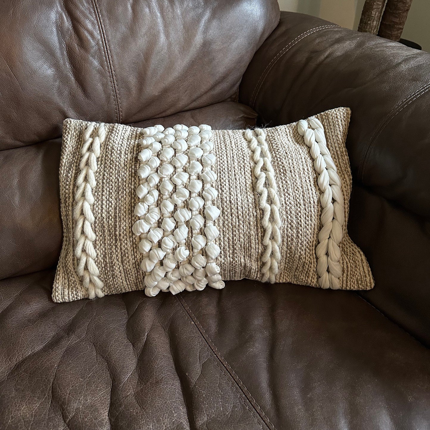 Luxury Beige Boho Cushion 12 x 20 | Woven Wool Cover | Plait Detail | Braided Pillow | Comes Filled by Maxlume