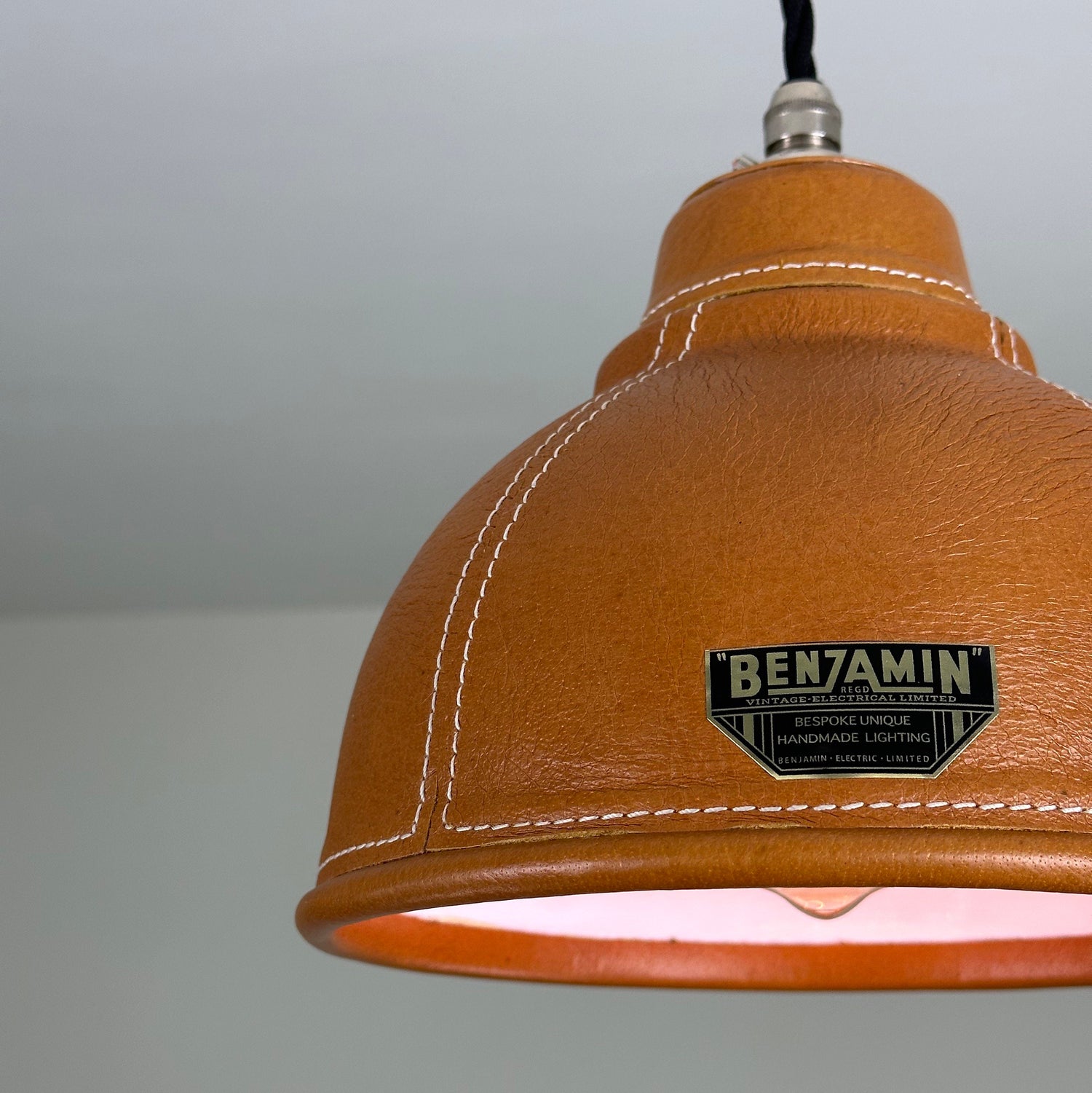 Trimingham ~ Real Genuine Leather Hand Stitched Solid Lampshade Pendant Set Light ~ 8.5 Inch