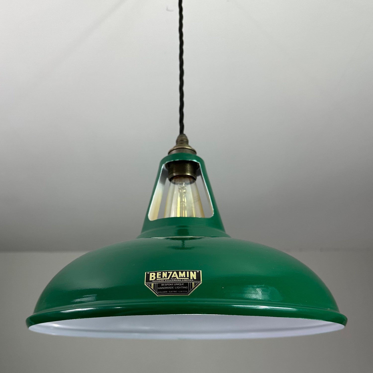 Cawston XL - Original Green Slotted Lampshade Pendant Set Light *Worn* - 14 Inch