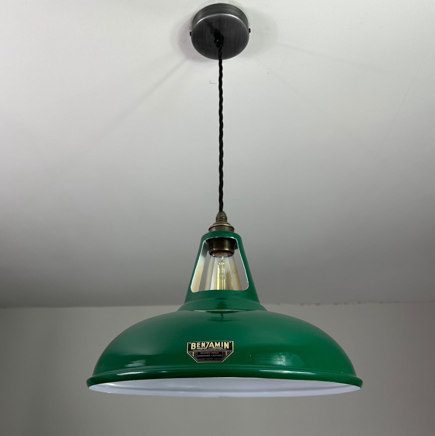Cawston XL - Original Green Slotted Lampshade Pendant Set Light *Worn* - 14 Inch