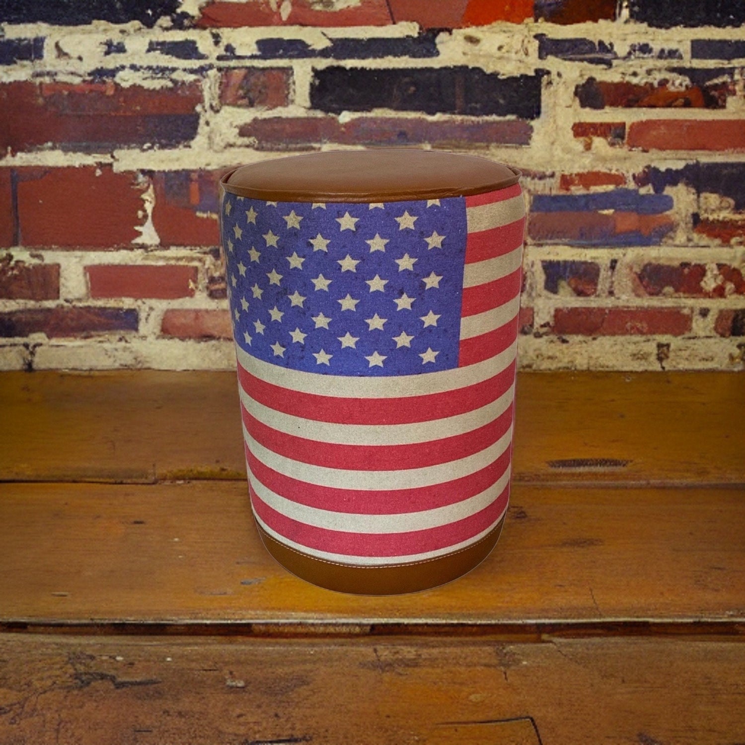 Stars & Stripes Flag Of The United States USA Pouf Solid Base Genuine Leather | Vintage Style | Floor Standing | Door Stop pouffe
