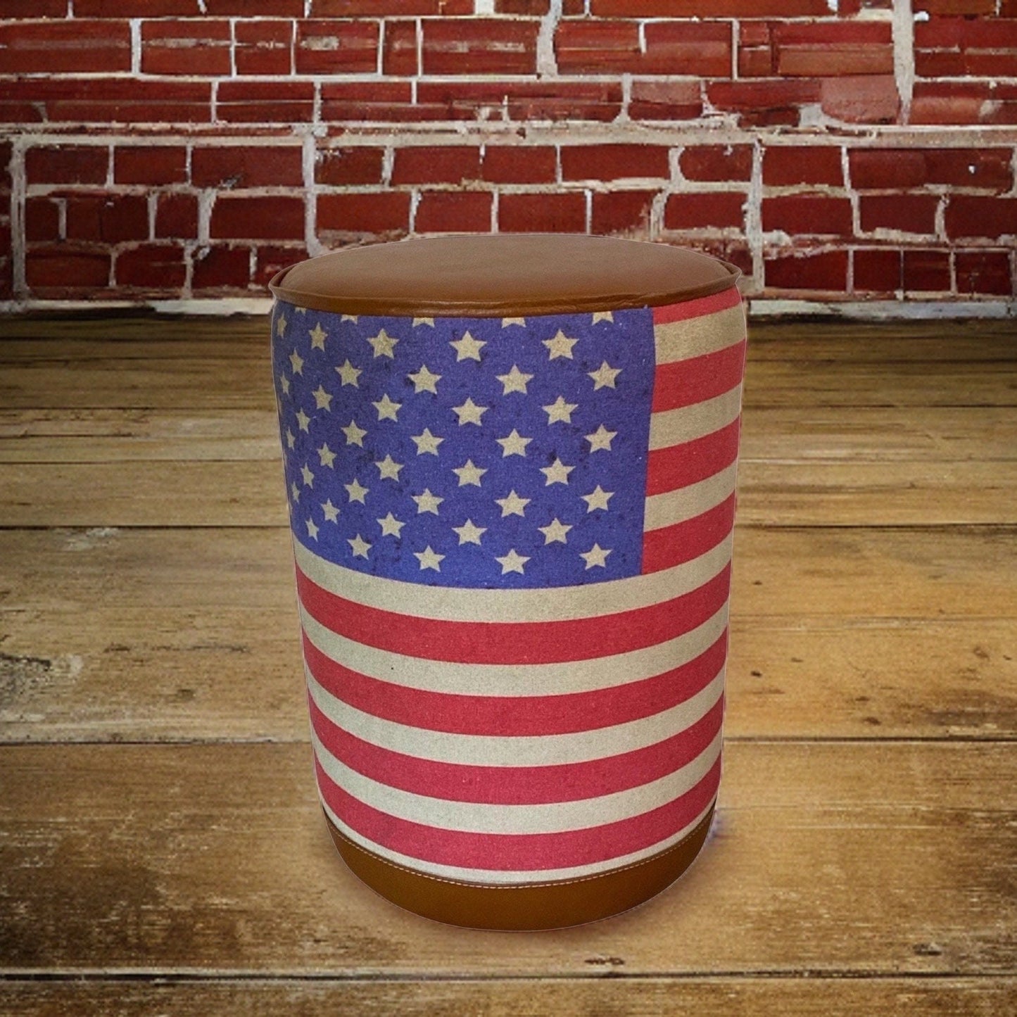 Stars & Stripes Flag Of The United States USA Pouf Solid Base Genuine Leather | Vintage Style | Floor Standing | Door Stop pouffe