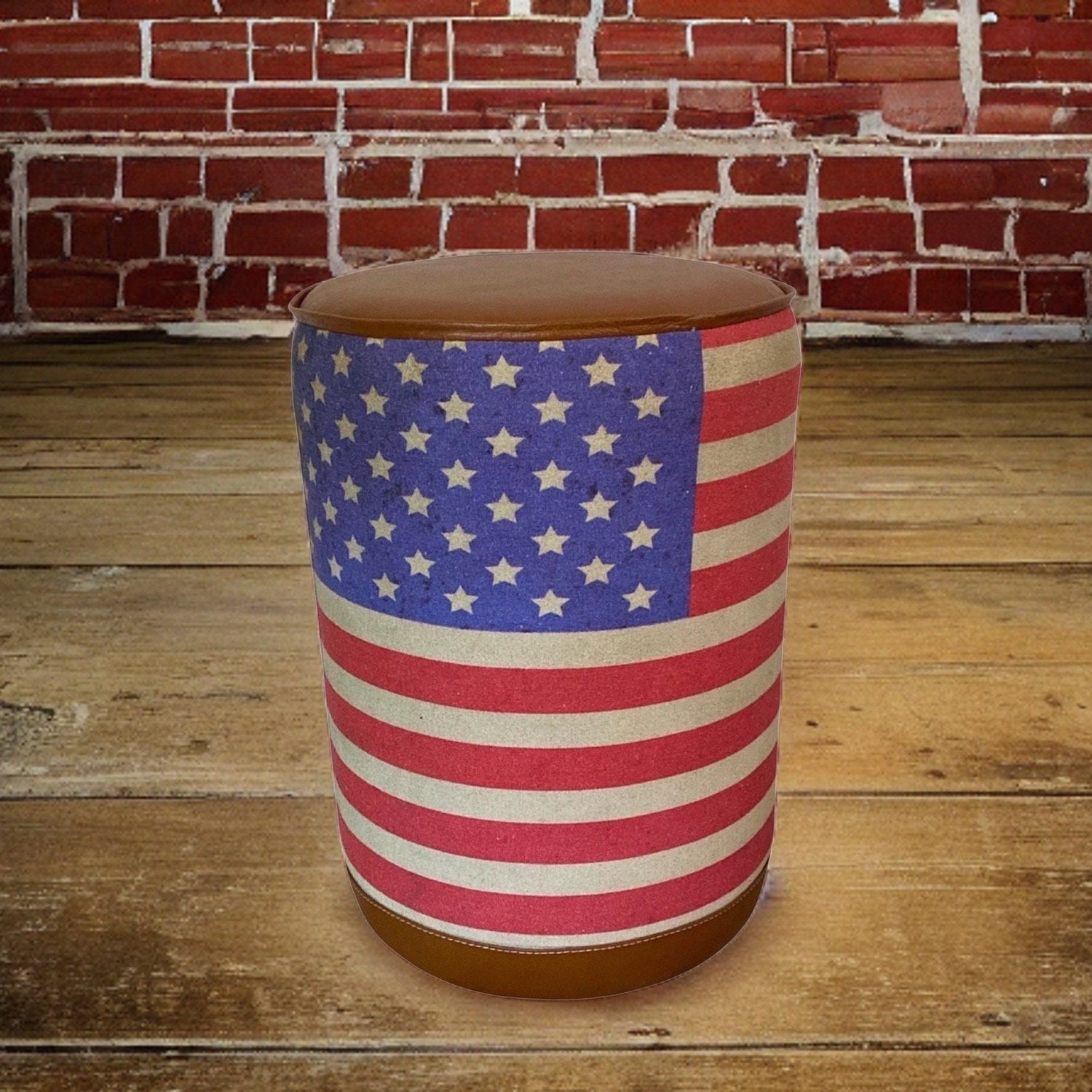 Stars & Stripes Flag Of The United States USA Pouf Solid Base Genuine Leather | Vintage Style | Floor Standing | Door Stop pouffe
