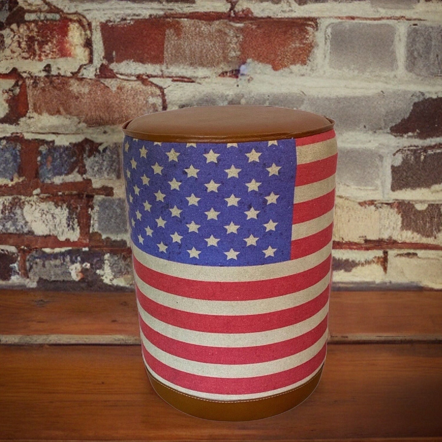 Stars & Stripes Flag Of The United States USA Pouf Solid Base Genuine Leather | Vintage Style | Floor Standing | Door Stop pouffe