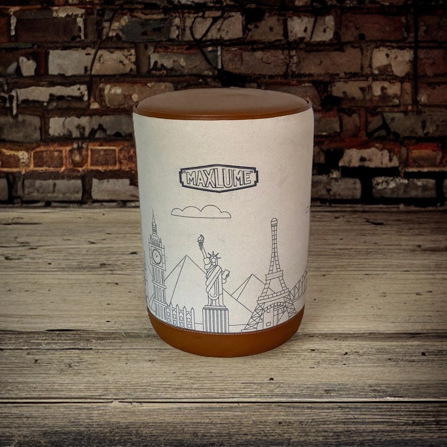 Pouffe ‘Wonders Of The World’ Pouf Solid Base Genuine Leather | Vintage Style | Floor Standing | Man Cave Stool