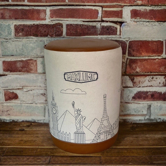 Pouffe ‘Wonders Of The World’ Pouf Solid Base Genuine Leather | Vintage Style | Floor Standing | Man Cave Stool